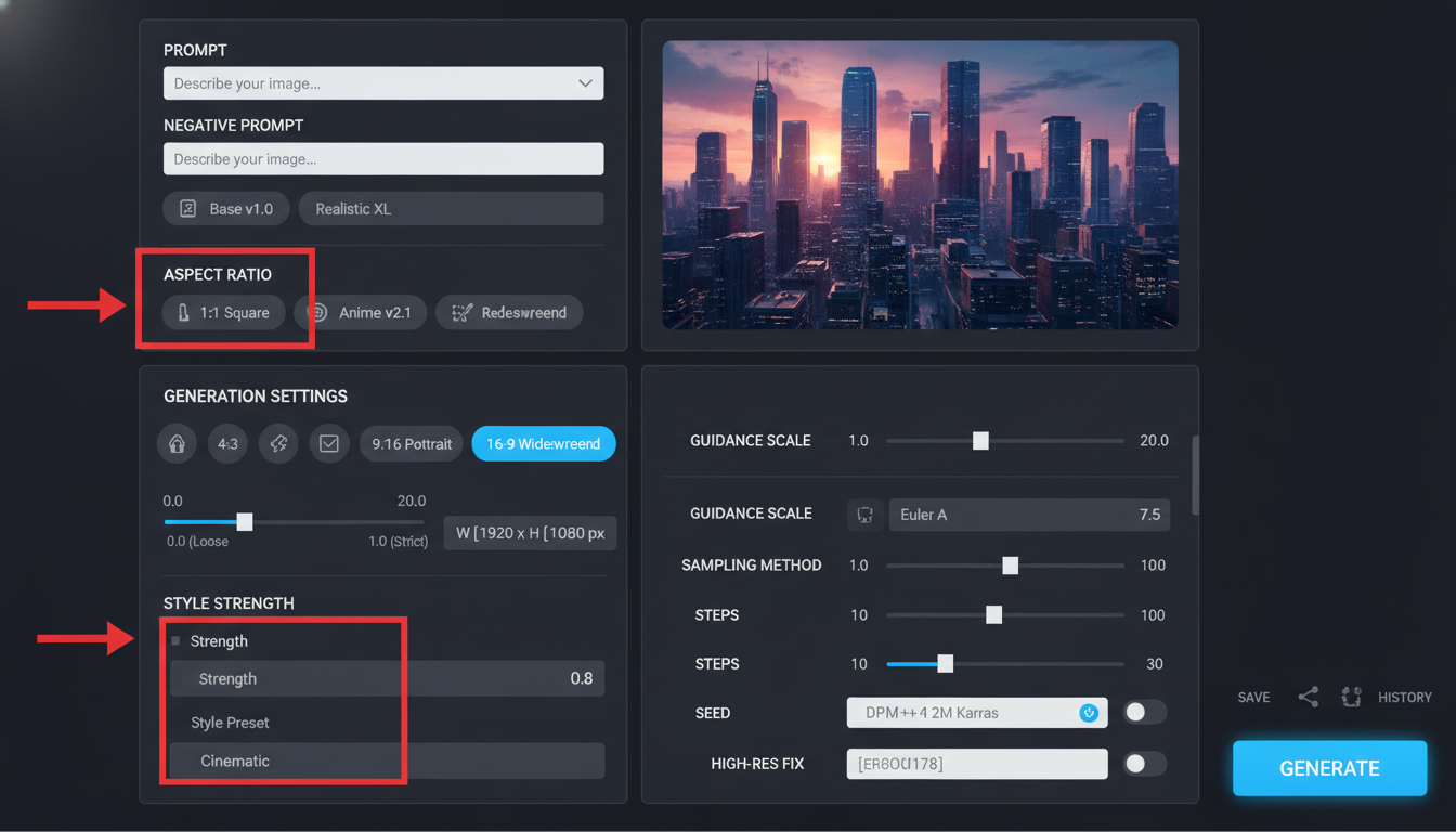 Nanobanana 2 advanced parameter panel with red callouts highlighting aspect ratio settings and style strength controls