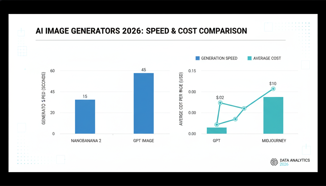 Benchmark chart comparing Nanobanana 2, GPT Image, and Midjourney on generation speed and average image cost in complex scenarios